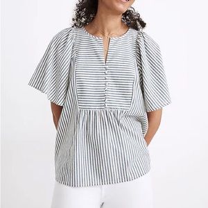 Madewell Courtyard Flutter-Sleeve Bohemian Top in Blue and White Stripe Peplum